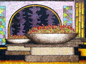 mixed media painting - Flower Pots, Flowers and Door