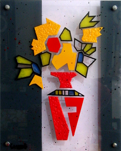 mixed media painting - Sunflowers and red vase